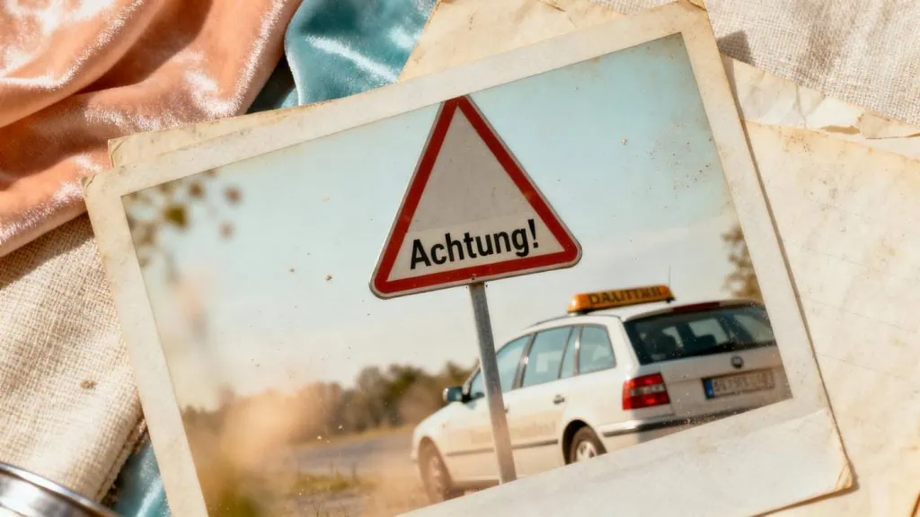 Ein Bild mit einem Foto eines Fahrschulautos im Hintergrund und einem "Achtung" Verkehrsschild im Vordergrund.